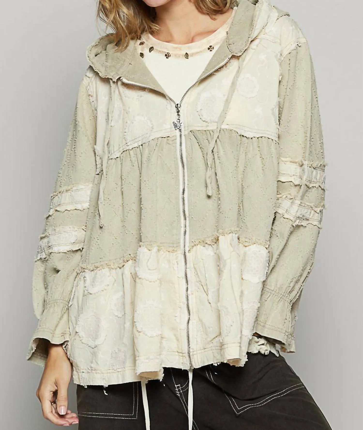 A - Line Zip Up Hoodie With Lace In Beige