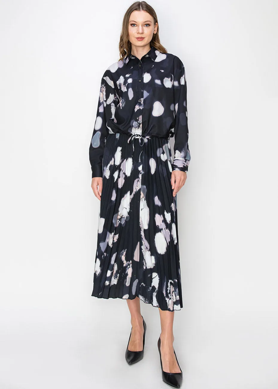 Abstract Pleated Black Midi Skirt