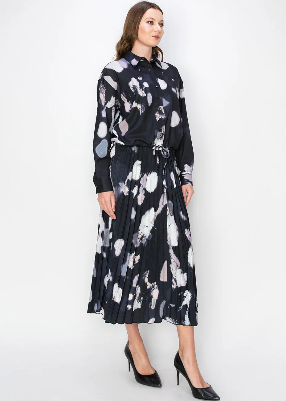 Abstract Pleated Black Midi Skirt