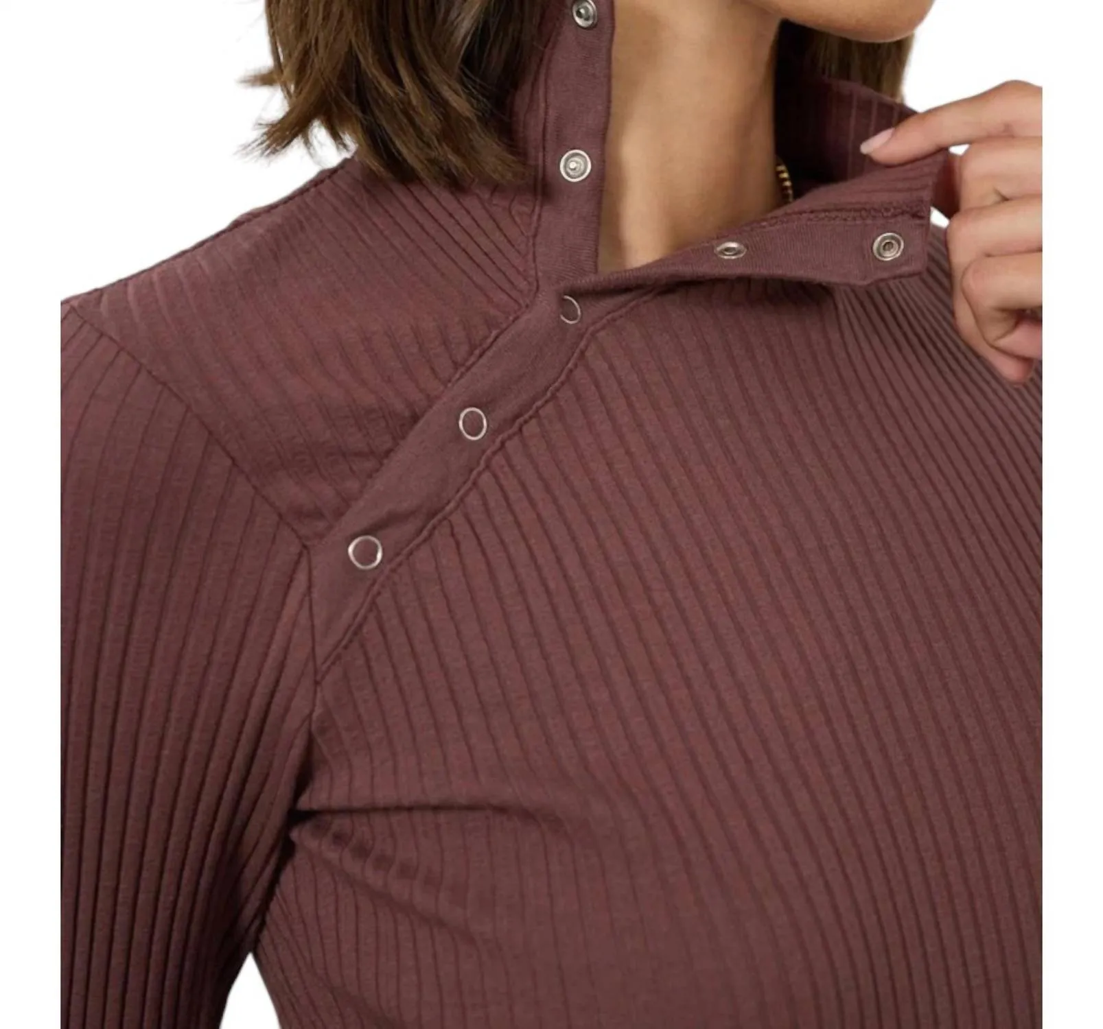 Andre Long Sleeve Snap Turtleneck Top In Hazelnut