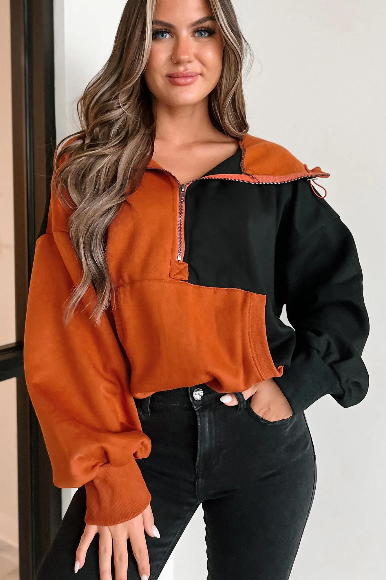 Autumn Splendor Colorblock Half-Zip Hoodie (Rust/Black)