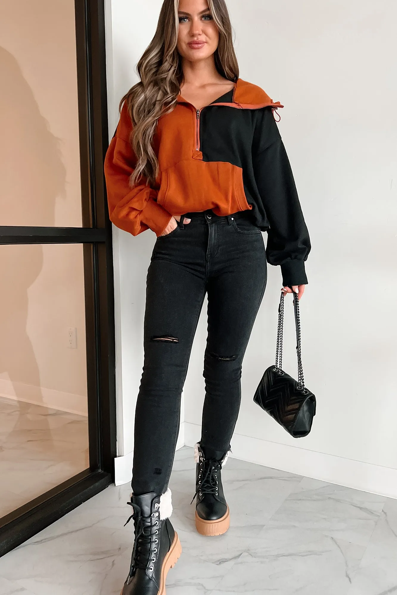 Autumn Splendor Colorblock Half-Zip Hoodie (Rust/Black)