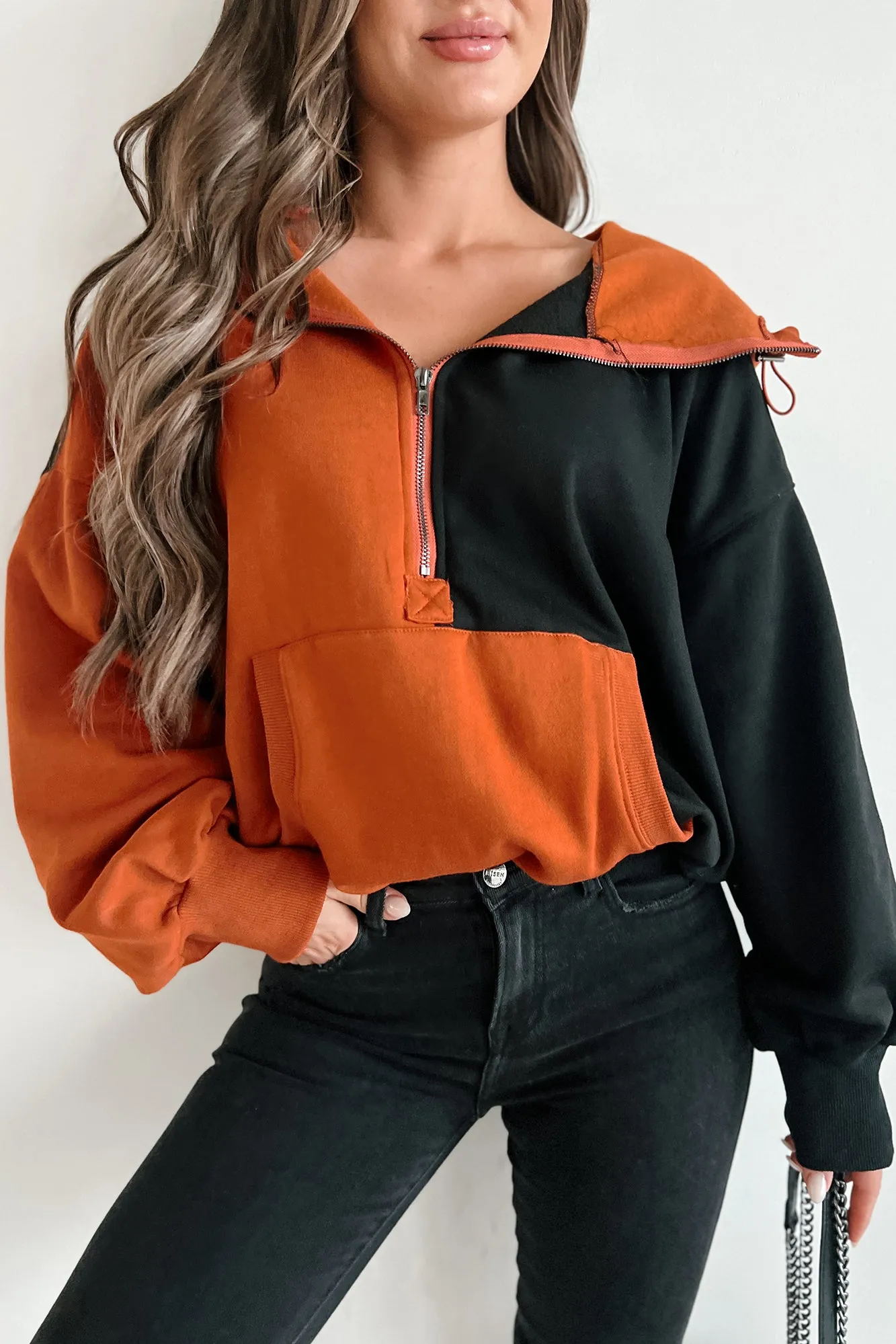 Autumn Splendor Colorblock Half-Zip Hoodie (Rust/Black)
