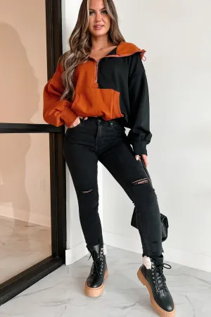 Autumn Splendor Colorblock Half-Zip Hoodie (Rust/Black)
