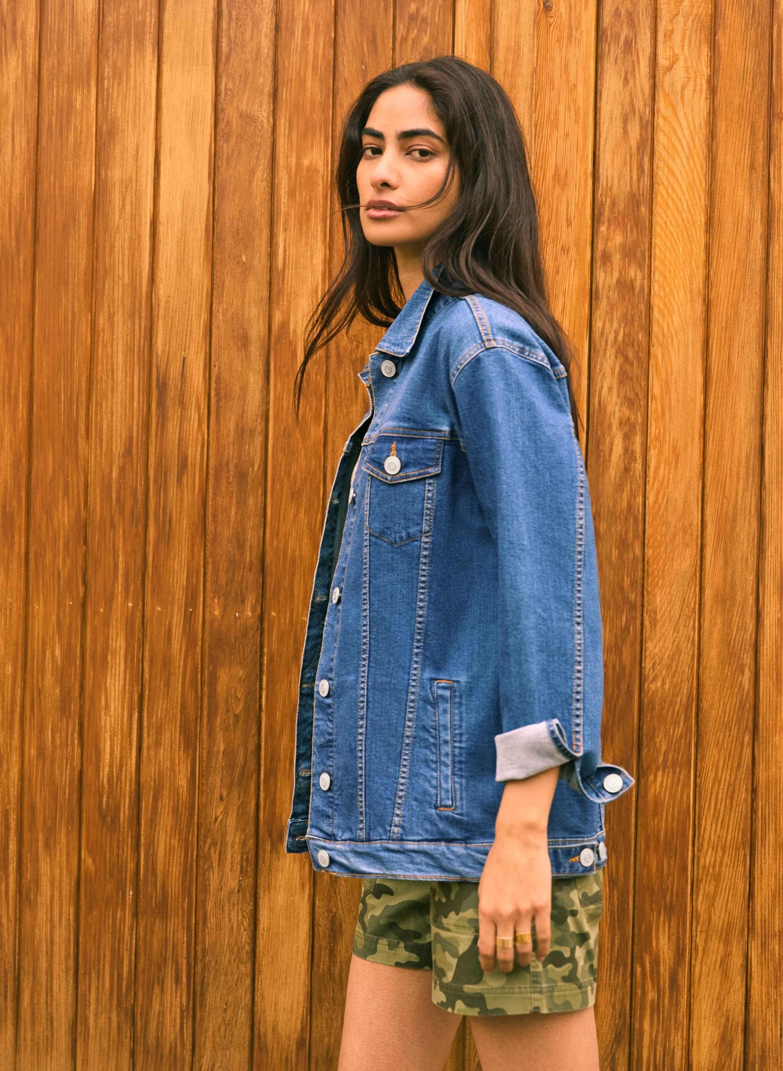 Baukjen Organic Cotton Longline Denim Jacket | Washed Indigo