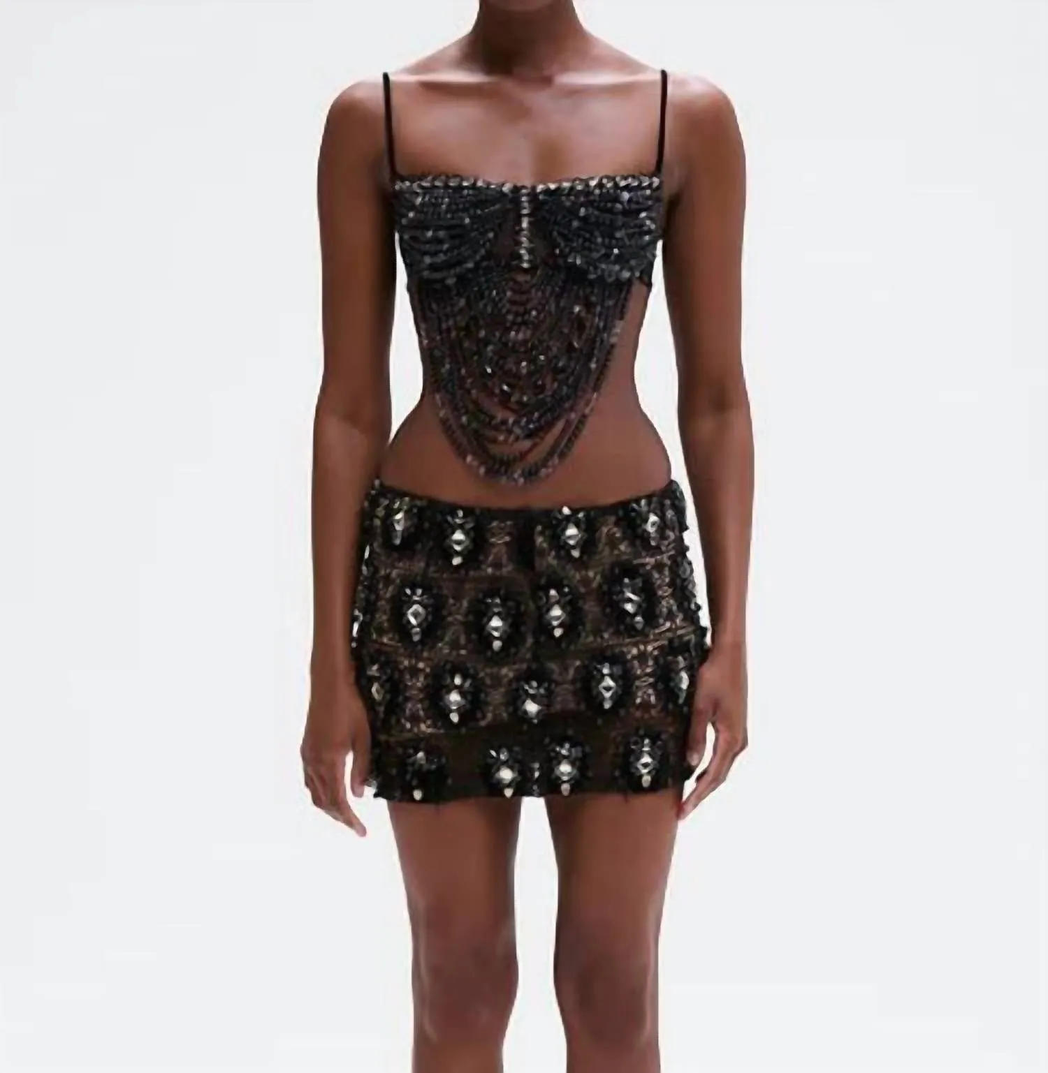 Beaded Velvet Lace Mini Skirt In Black