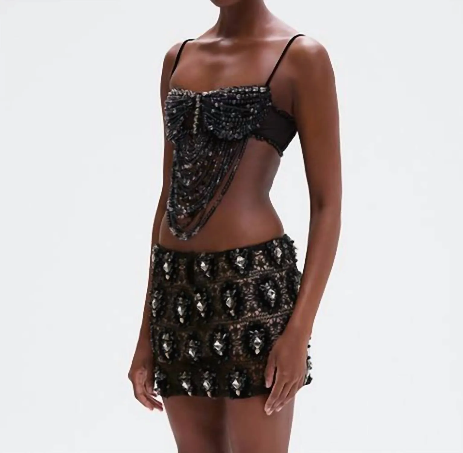 Beaded Velvet Lace Mini Skirt In Black