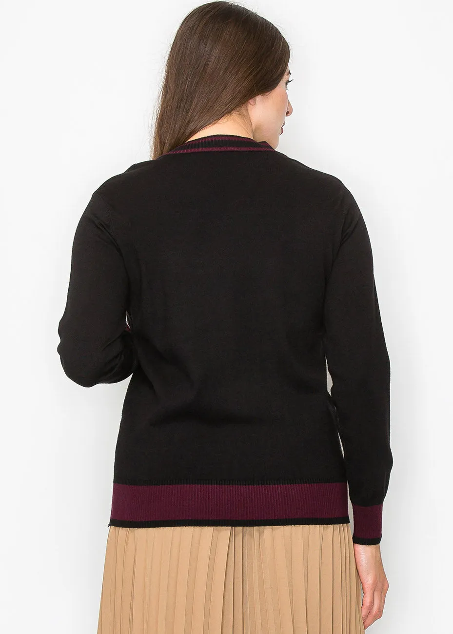 Black Knit Sweater with Burgundy Trim