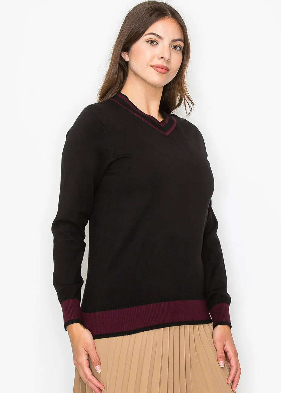 Black Knit Sweater with Burgundy Trim