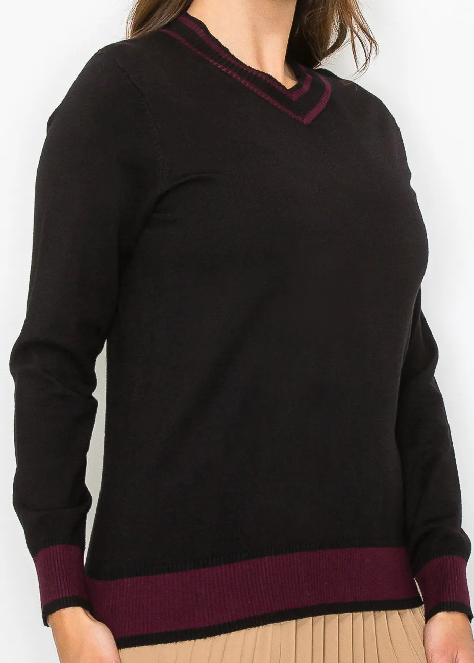Black Knit Sweater with Burgundy Trim