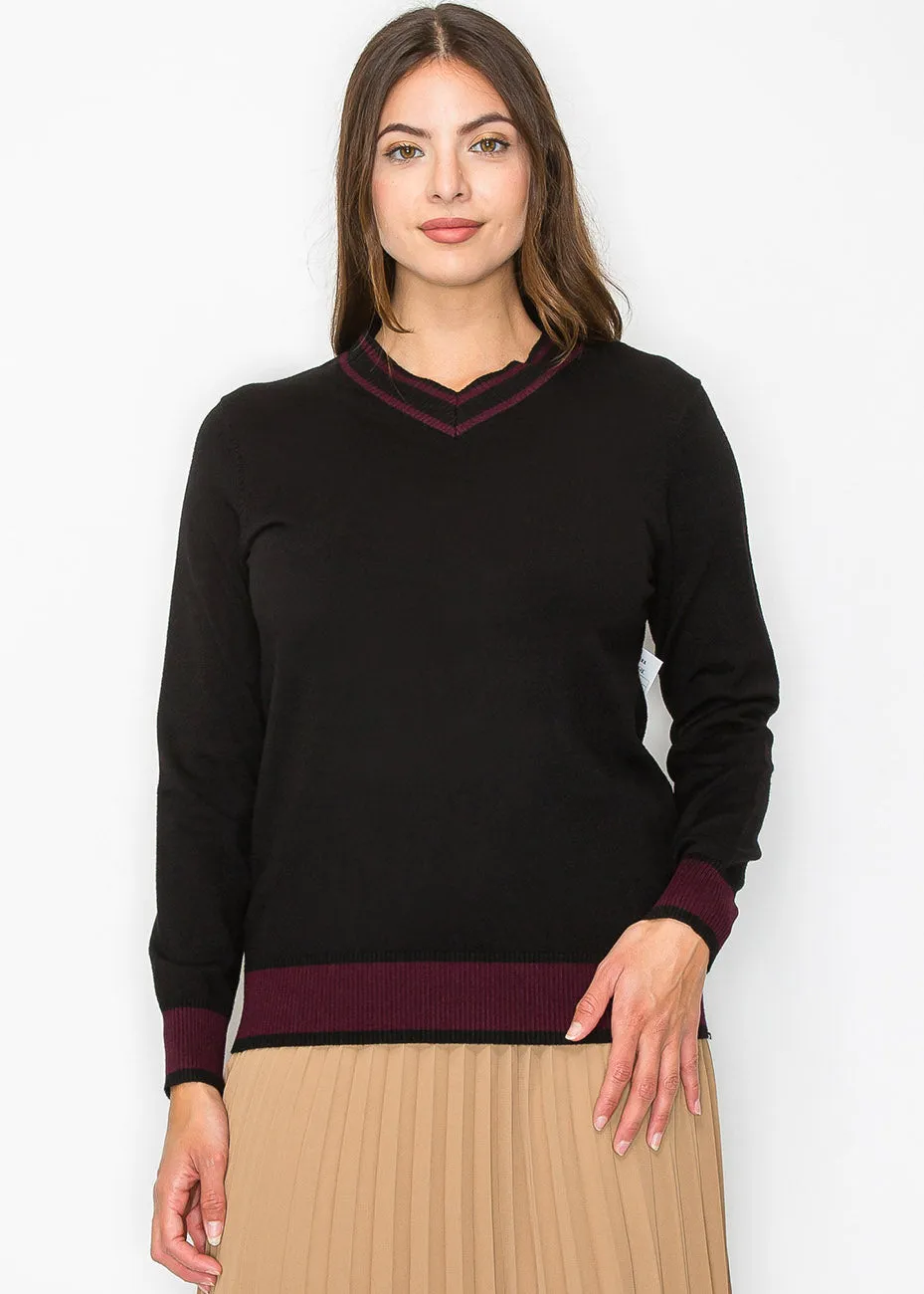 Black Knit Sweater with Burgundy Trim