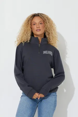 Black "Bonjour" Quarter Pigment Dyed Zip Sweatshirt