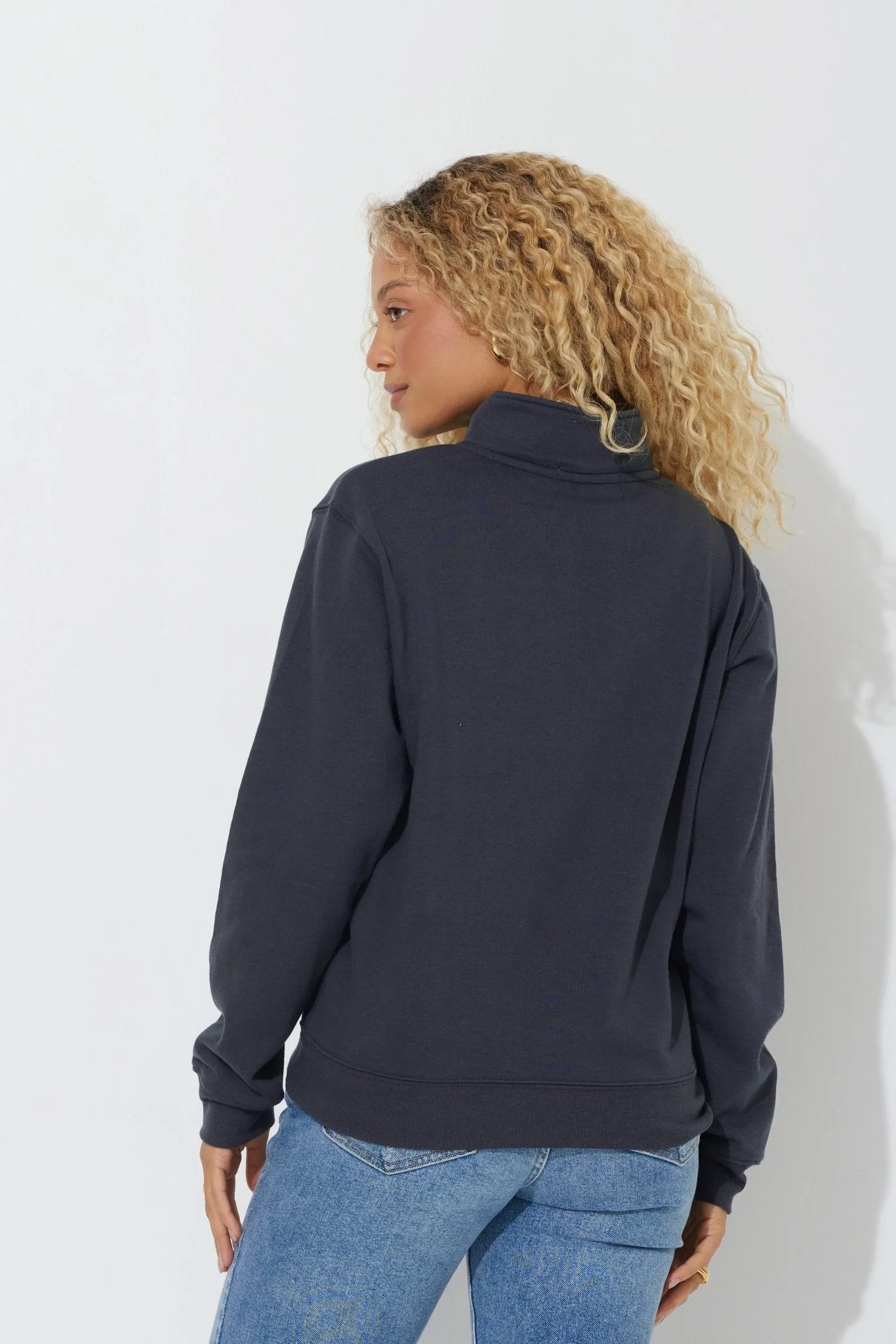 Black "Bonjour" Quarter Pigment Dyed Zip Sweatshirt