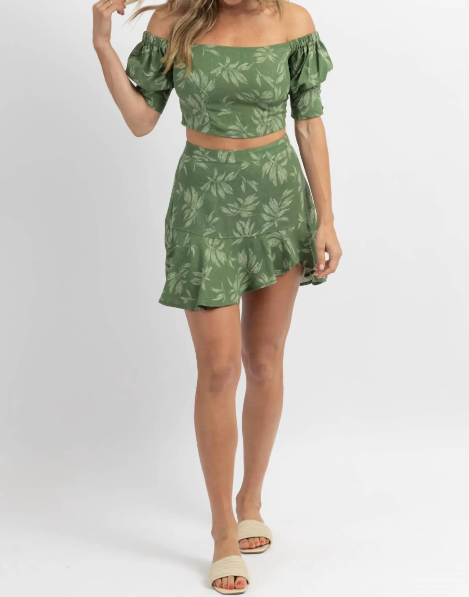 Botanical Ruffled Hem Skirt Set In Green