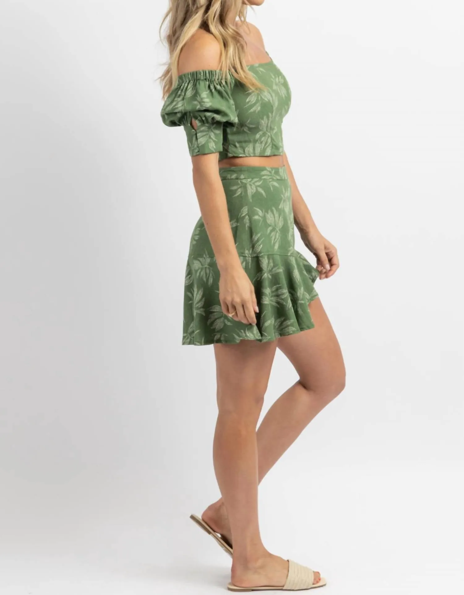 Botanical Ruffled Hem Skirt Set In Green