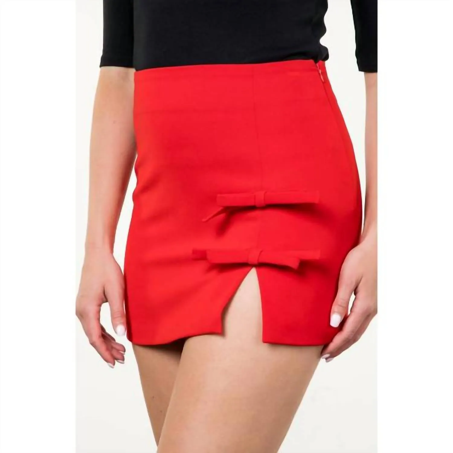 Bow Detail Slit Skirt In Red