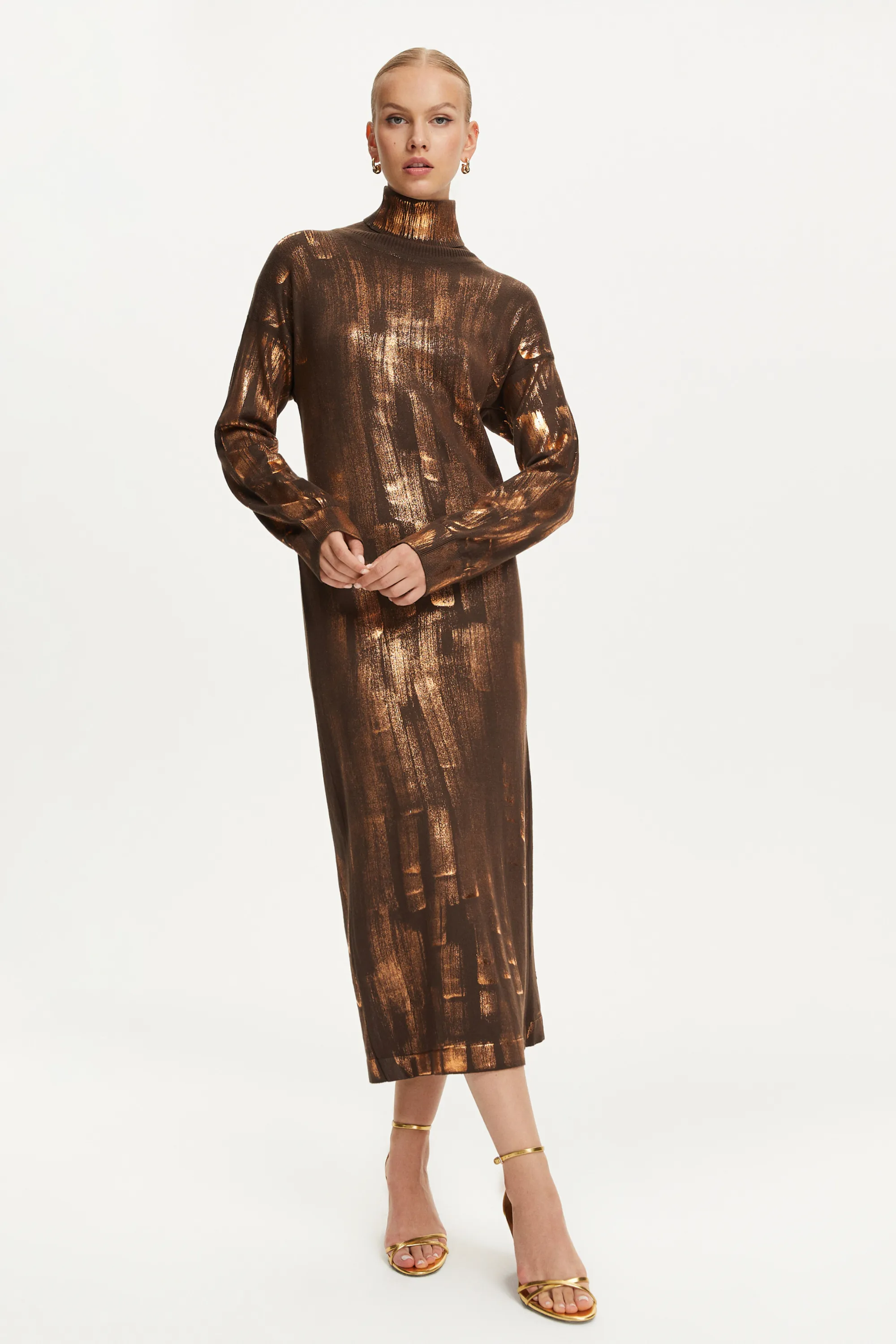 Bronze Effect Knit Midi Dress