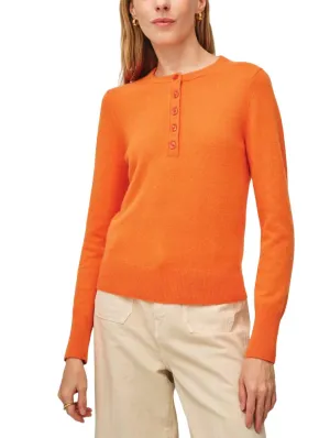 Cashmere Button Henley Top In Bright Tangerine