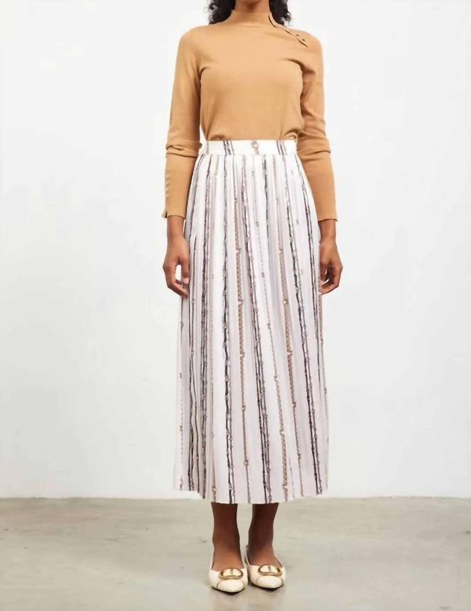 Chain Print Pleated Midi Skirt In Ivory/multi