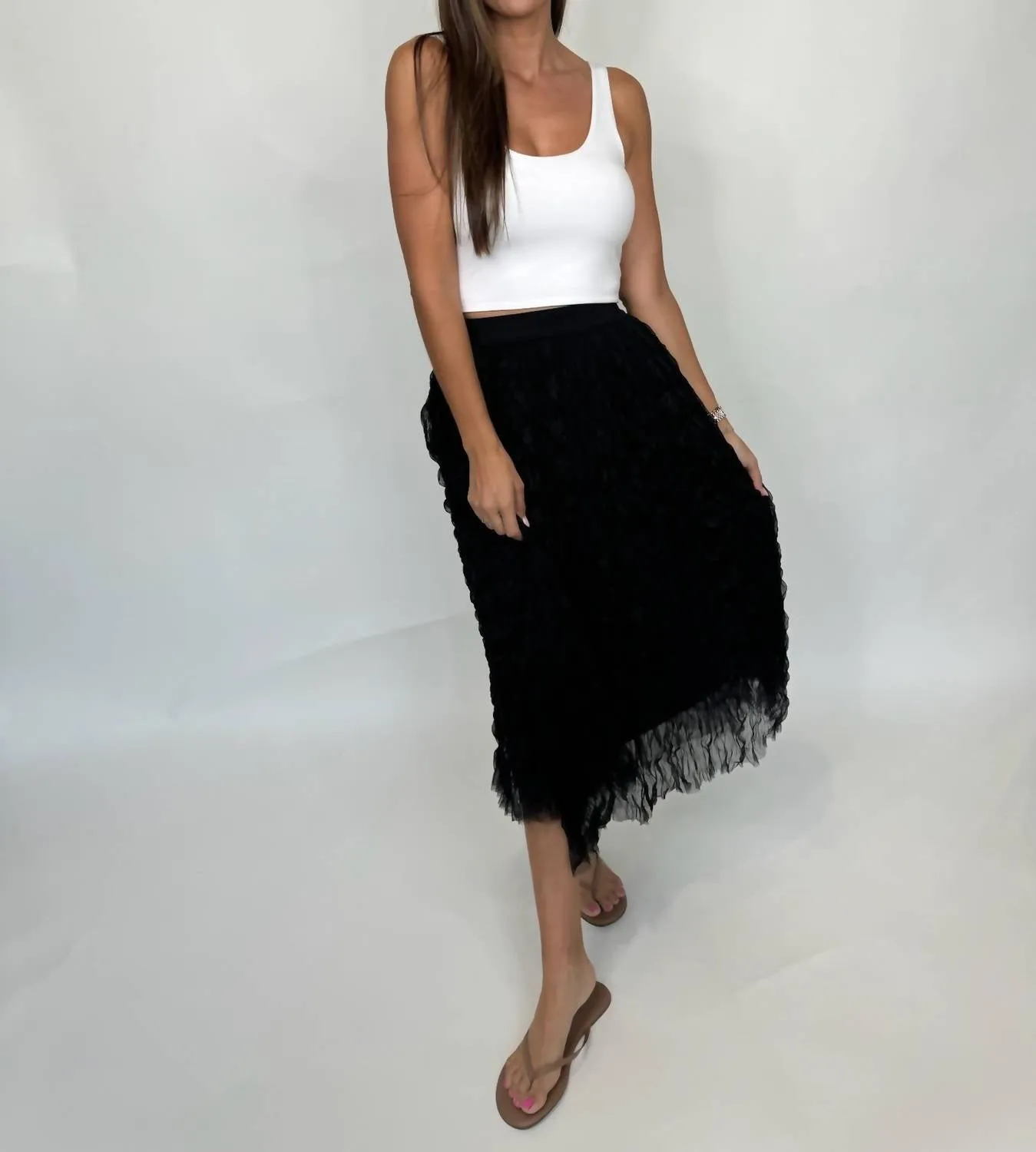 Chiffon Crinkled Midi Skirt In Black
