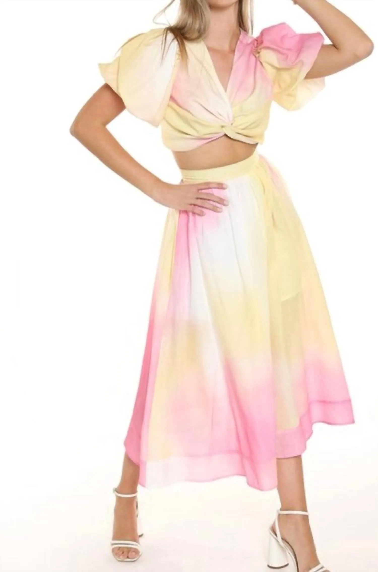 Cloud Burst Puff Sleeve Skirt Set In Pink