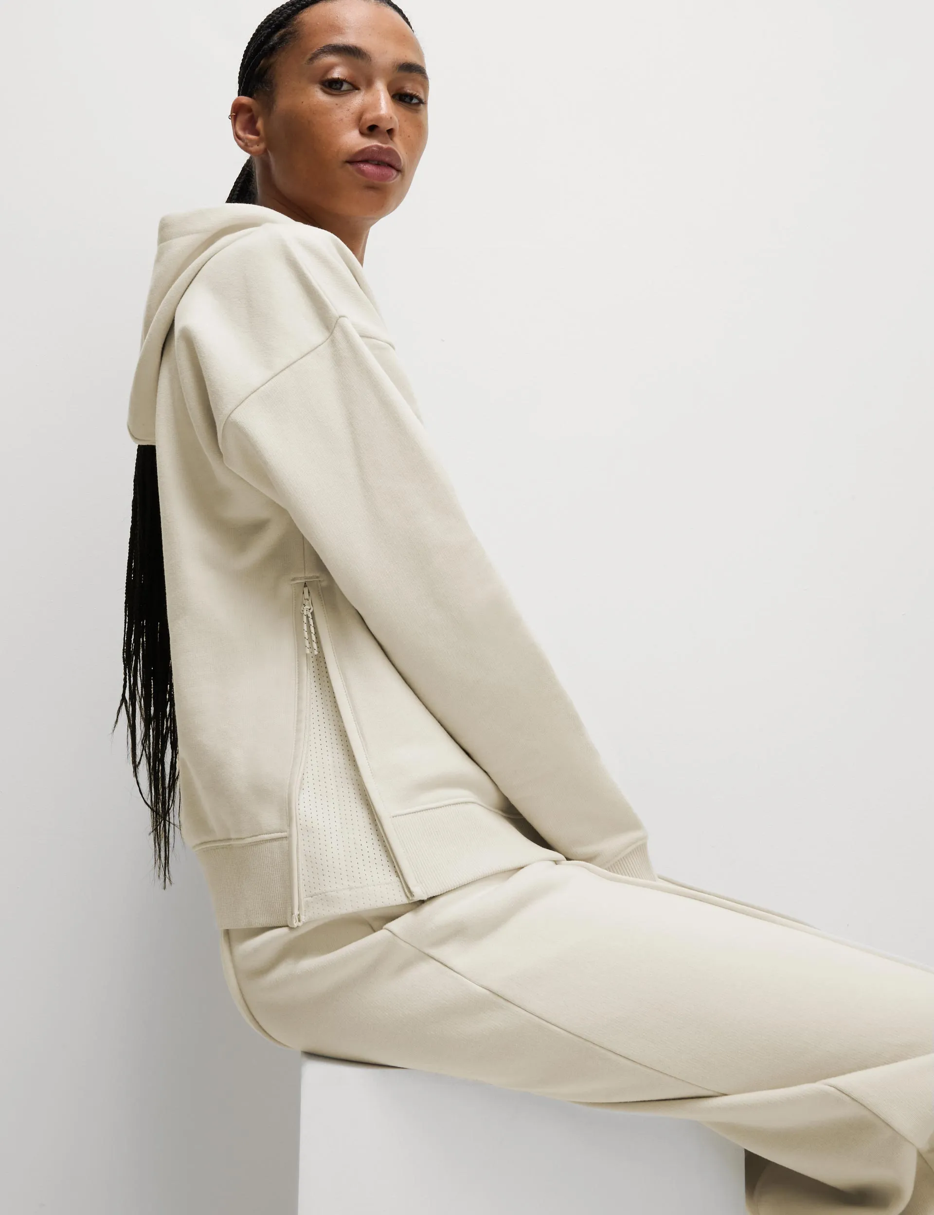 Cotton Rich Mesh Panel Relaxed Hoodie - Ivory