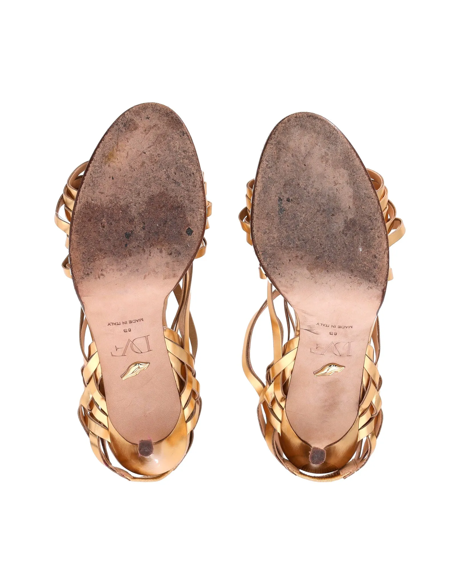 Diane von Furstenberg Strappy Open Toe Sandals in Gold Leather