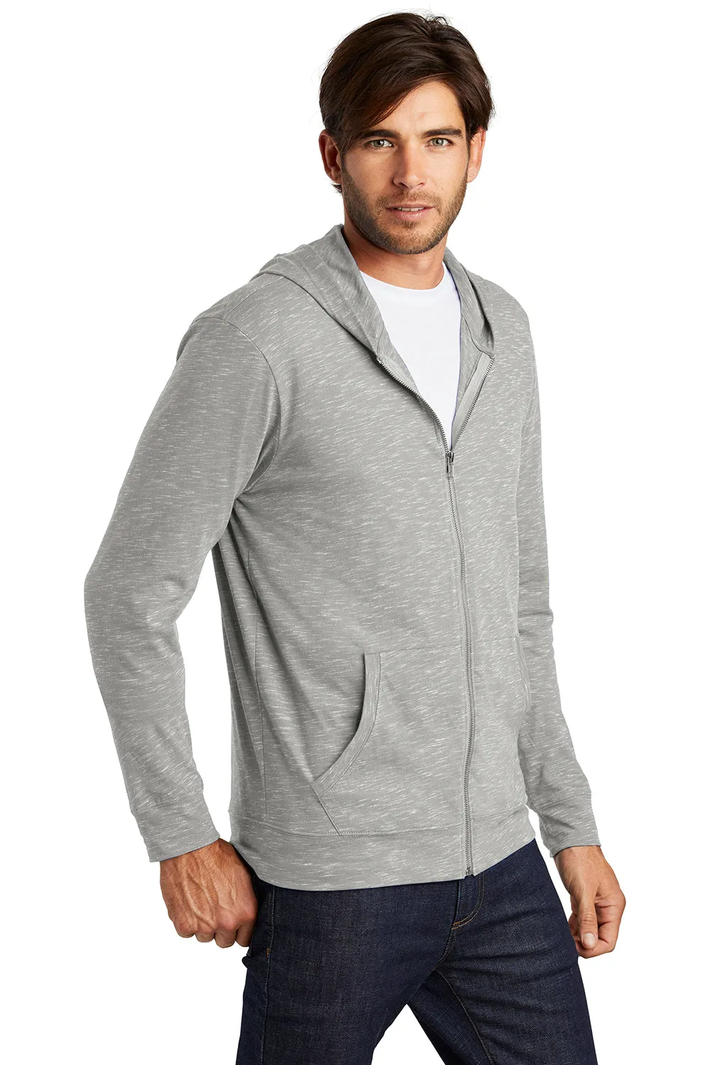 District Mens Medal Full Zip Hooded Sweatshirt Hoodie w/ Pockets - Light Grey