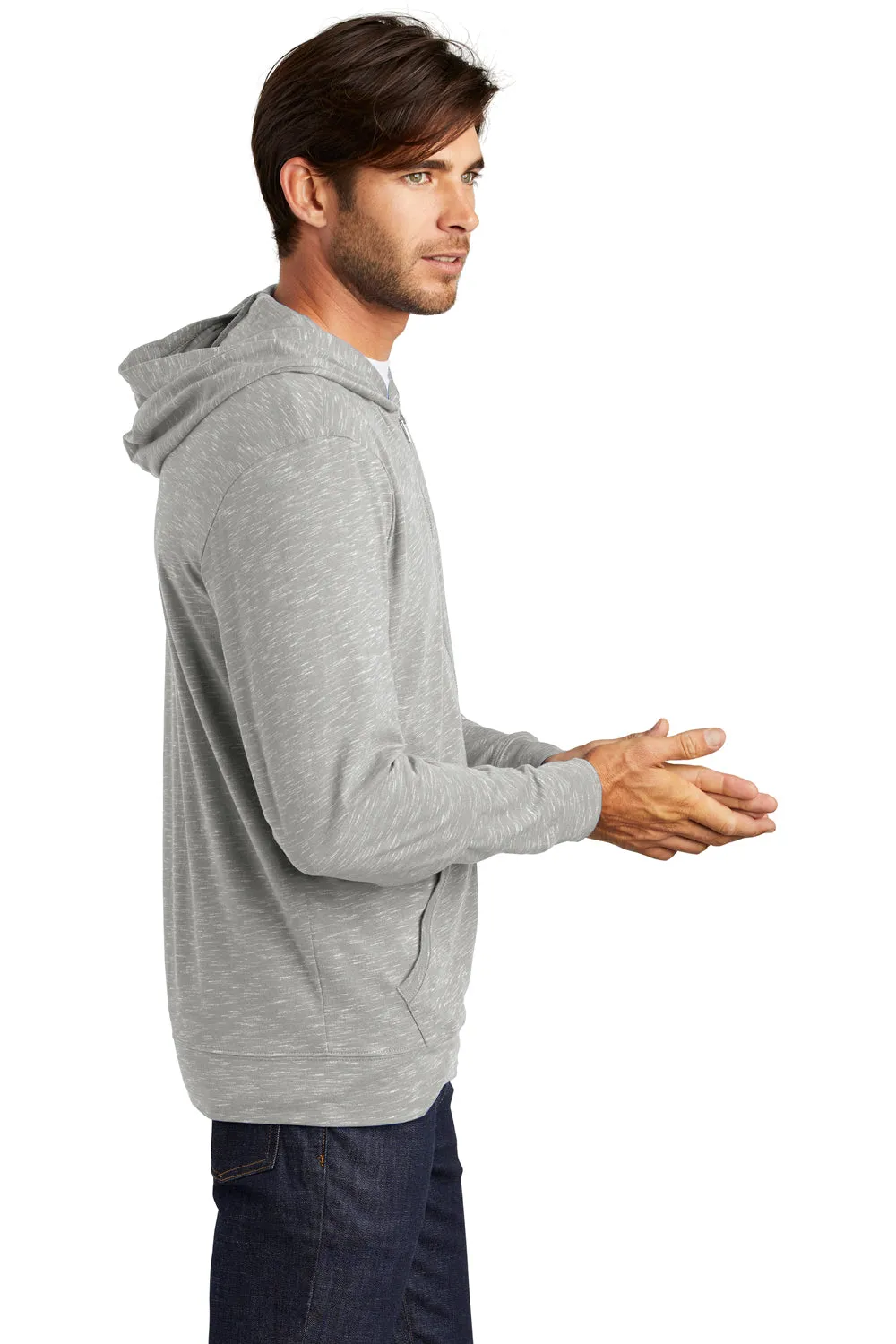 District Mens Medal Full Zip Hooded Sweatshirt Hoodie w/ Pockets - Light Grey