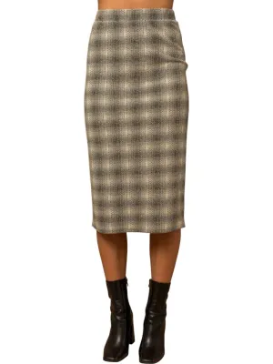 Elastic Waist Back Slit Plaid Midi Skirt In Black/ivory Plaid