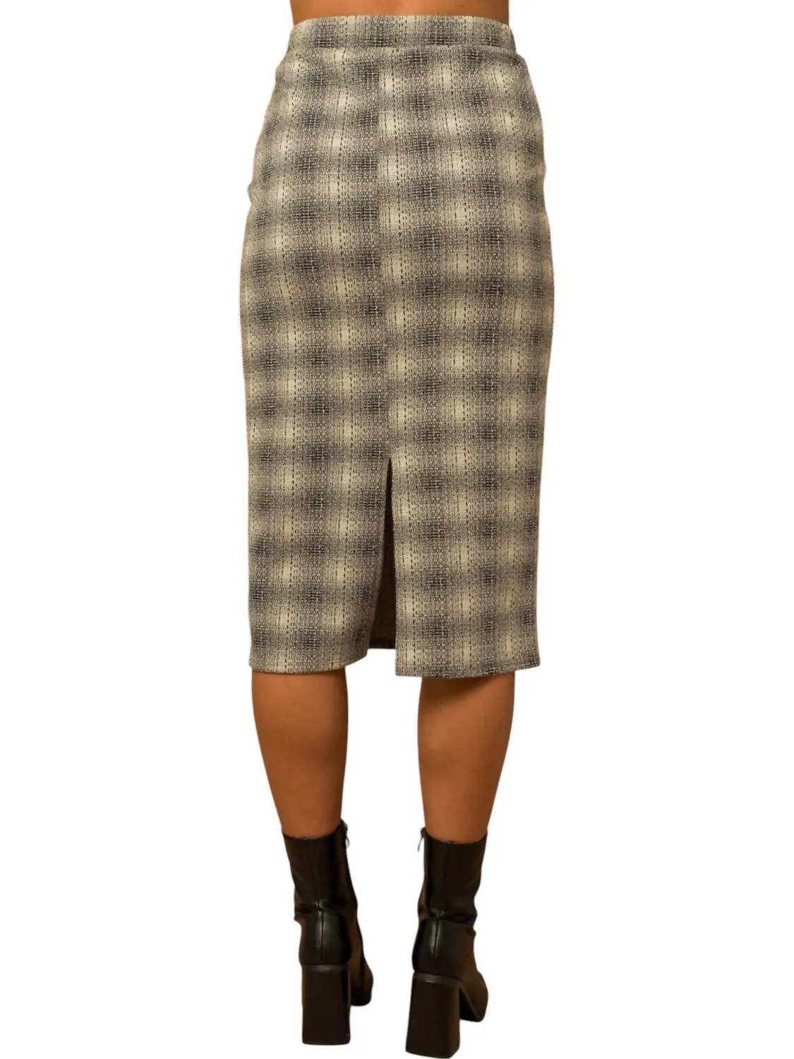 Elastic Waist Back Slit Plaid Midi Skirt In Black/ivory Plaid