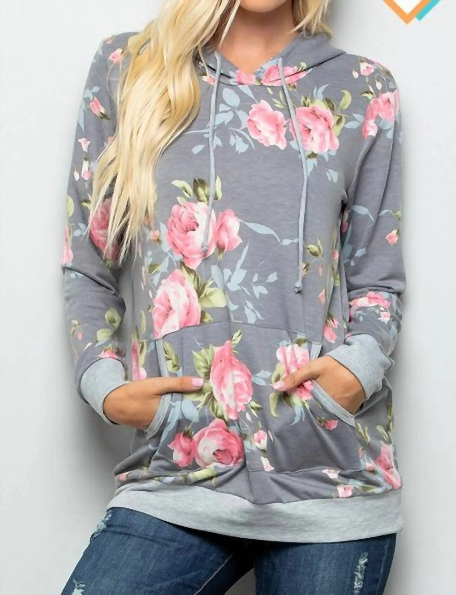 Floral Hoodie With Kangaroo Pocket In Grey Mauve