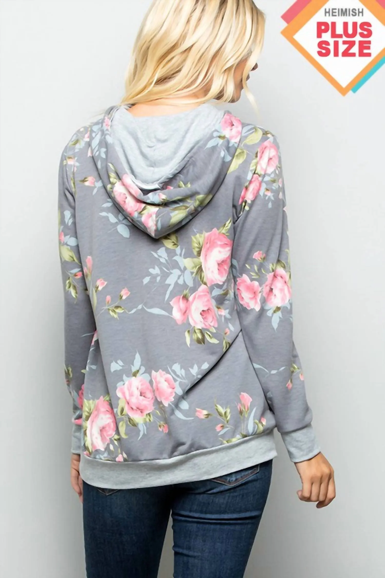 Floral Hoodie With Kangaroo Pocket In Grey Mauve