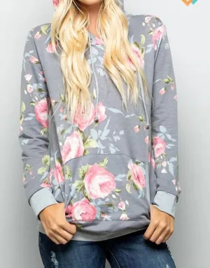 Floral Hoodie With Kangaroo Pocket In Grey Mauve