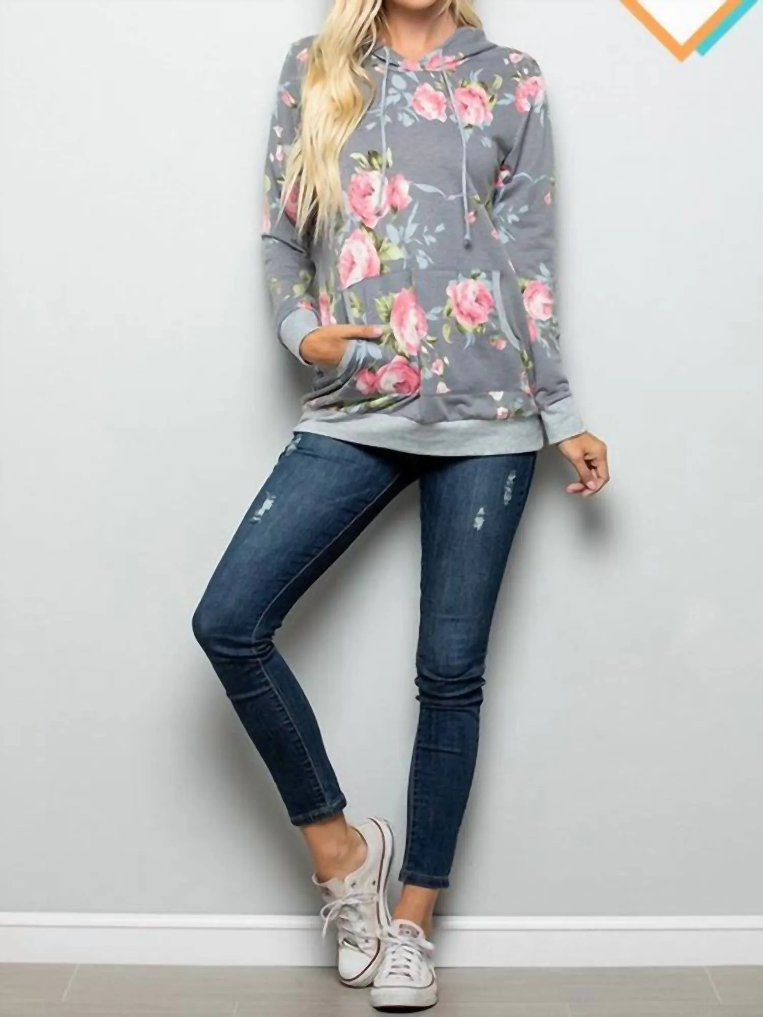 Floral Hoodie With Kangaroo Pocket In Grey Mauve