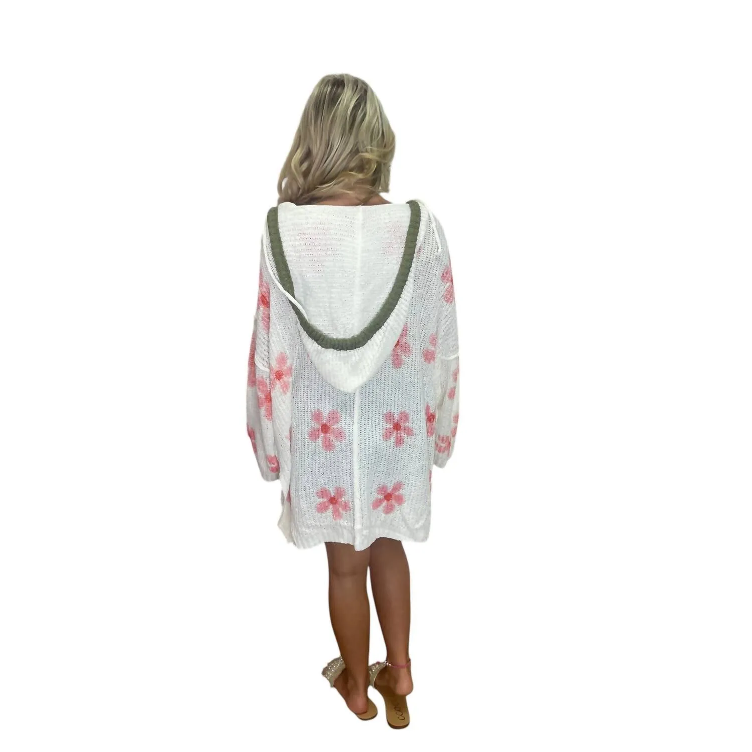 Flower Hooded Oversized Sweater In Ivory/pink