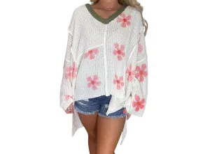 Flower Hooded Oversized Sweater In Ivory/pink