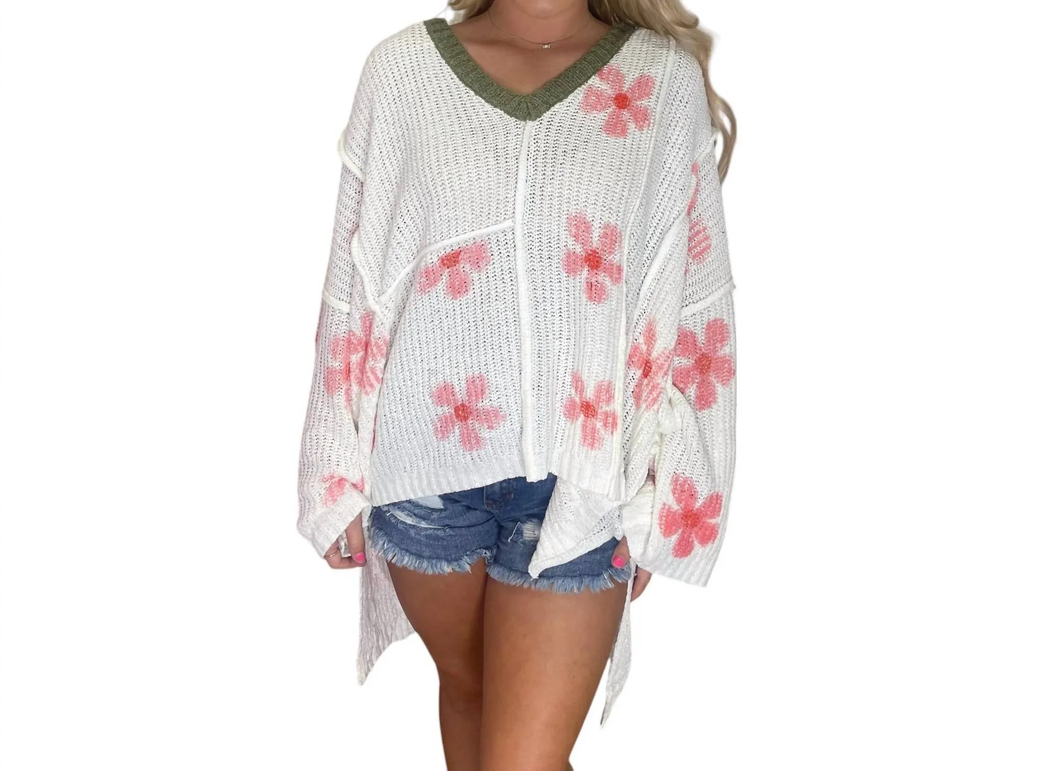 Flower Hooded Oversized Sweater In Ivory/pink