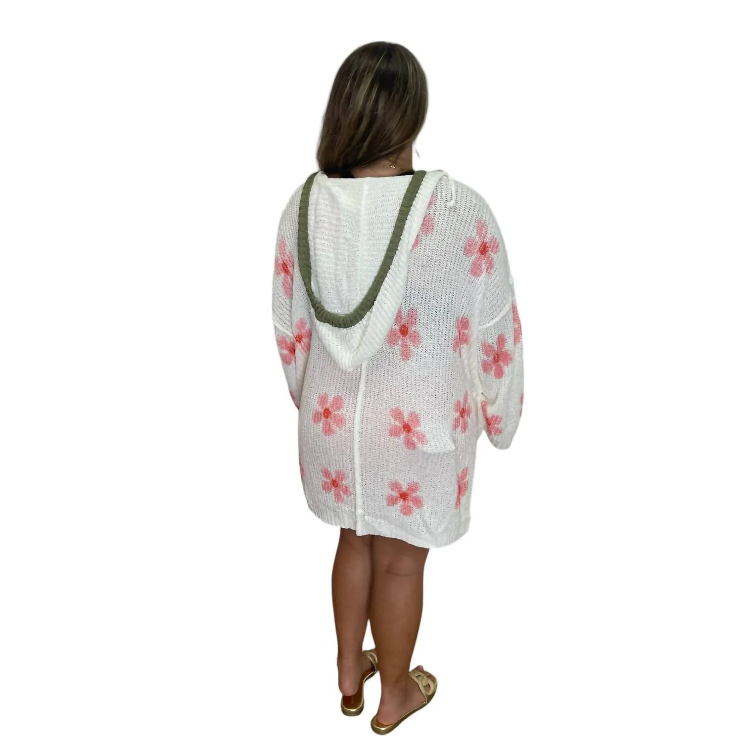 Flower Hooded Oversized Sweater In Ivory/pink