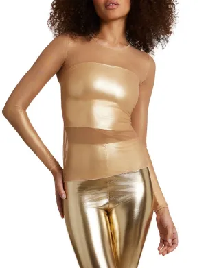 Gilded Chic Mesh Long Sleeve Top In Gold