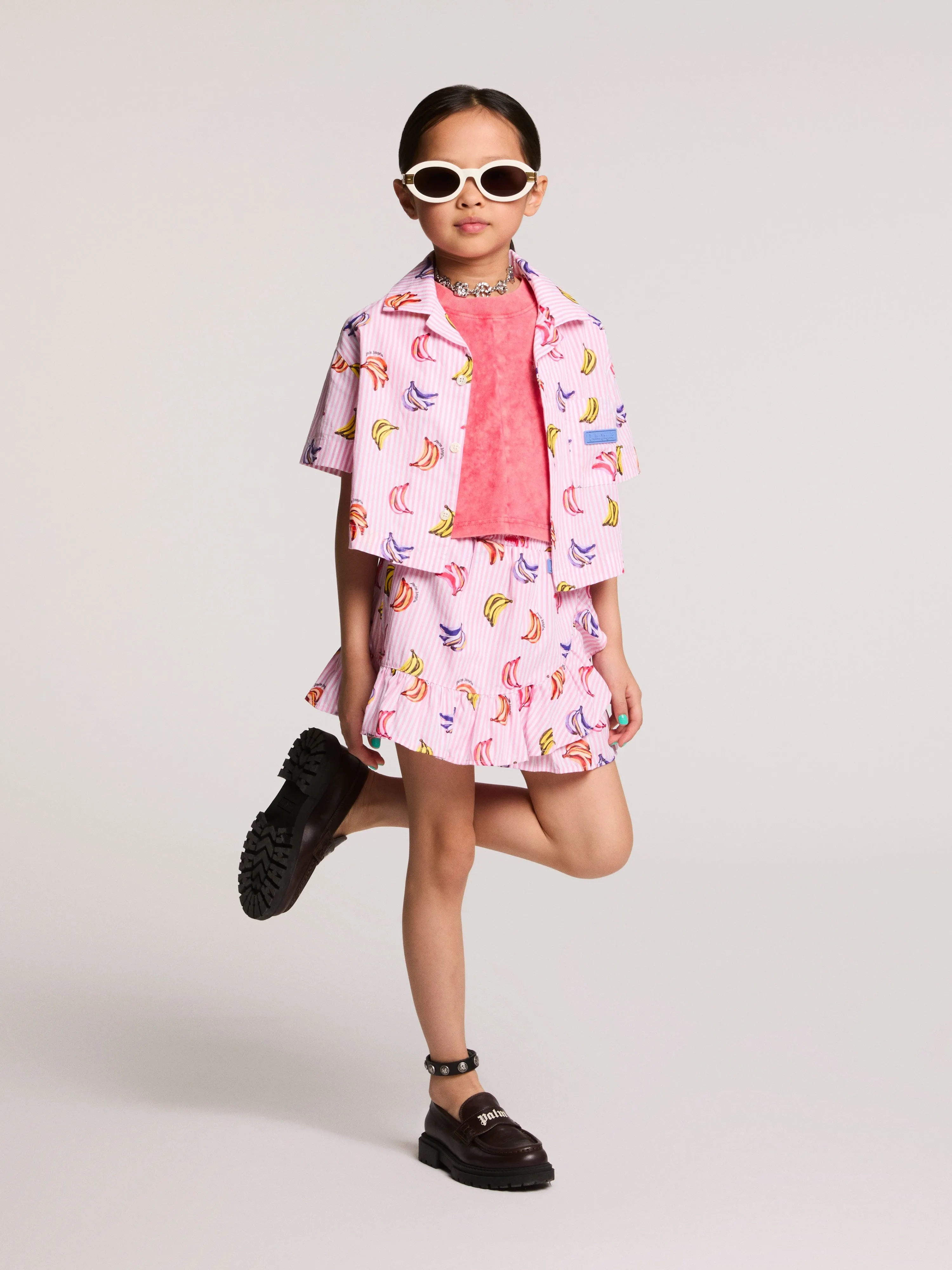 Girls AOP Bananas Cropped Shirt in Pink