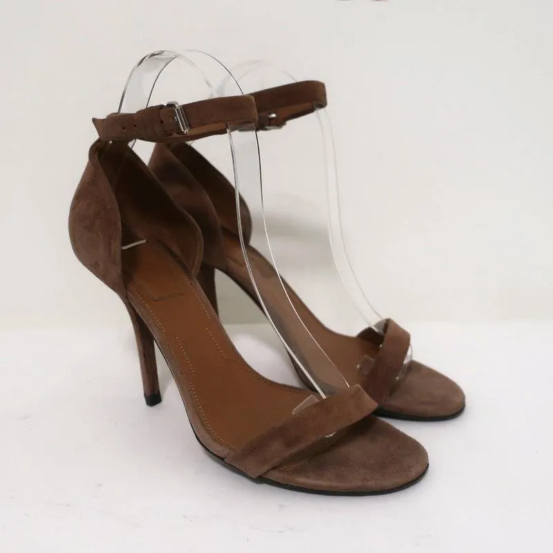 Givenchy Ankle Strap Sandals Brown Suede Size 37.5 Open Toe Heels