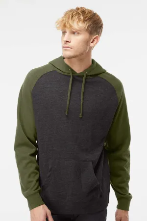 Independent Trading Company Mens Raglan Hooded Sweatshirt Hoodie w/ Pouch Pockets - Heather Charcoal Grey/Heather Army Green