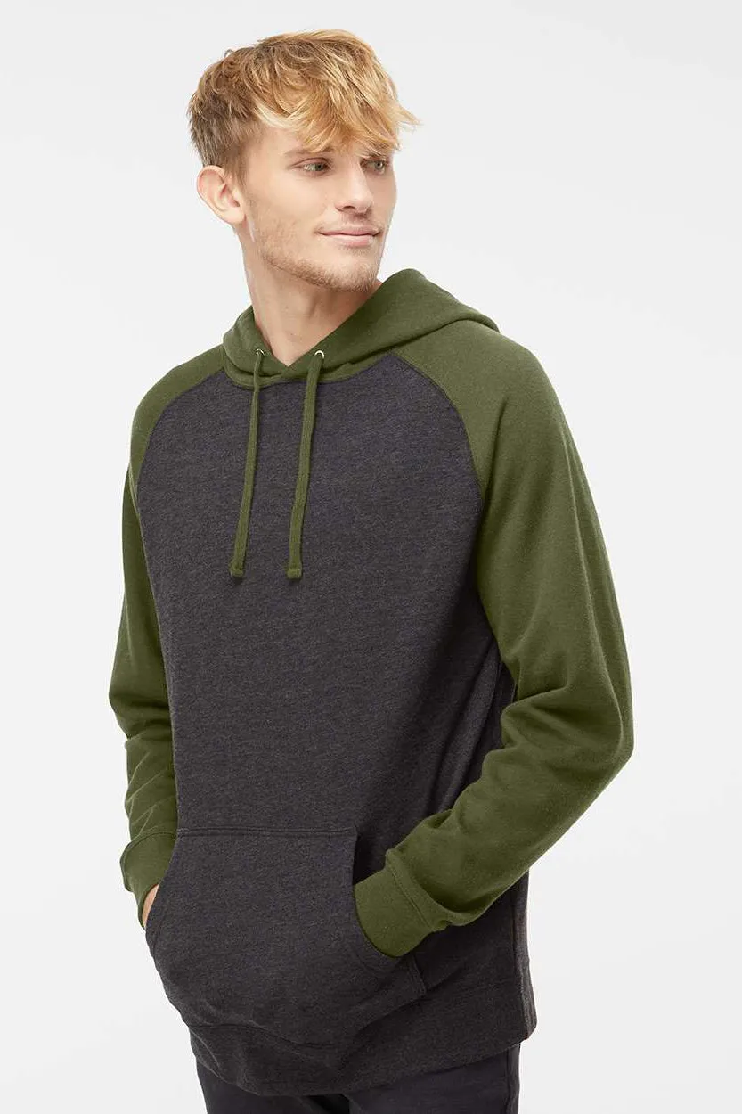 Independent Trading Company Mens Raglan Hooded Sweatshirt Hoodie w/ Pouch Pockets - Heather Charcoal Grey/Heather Army Green