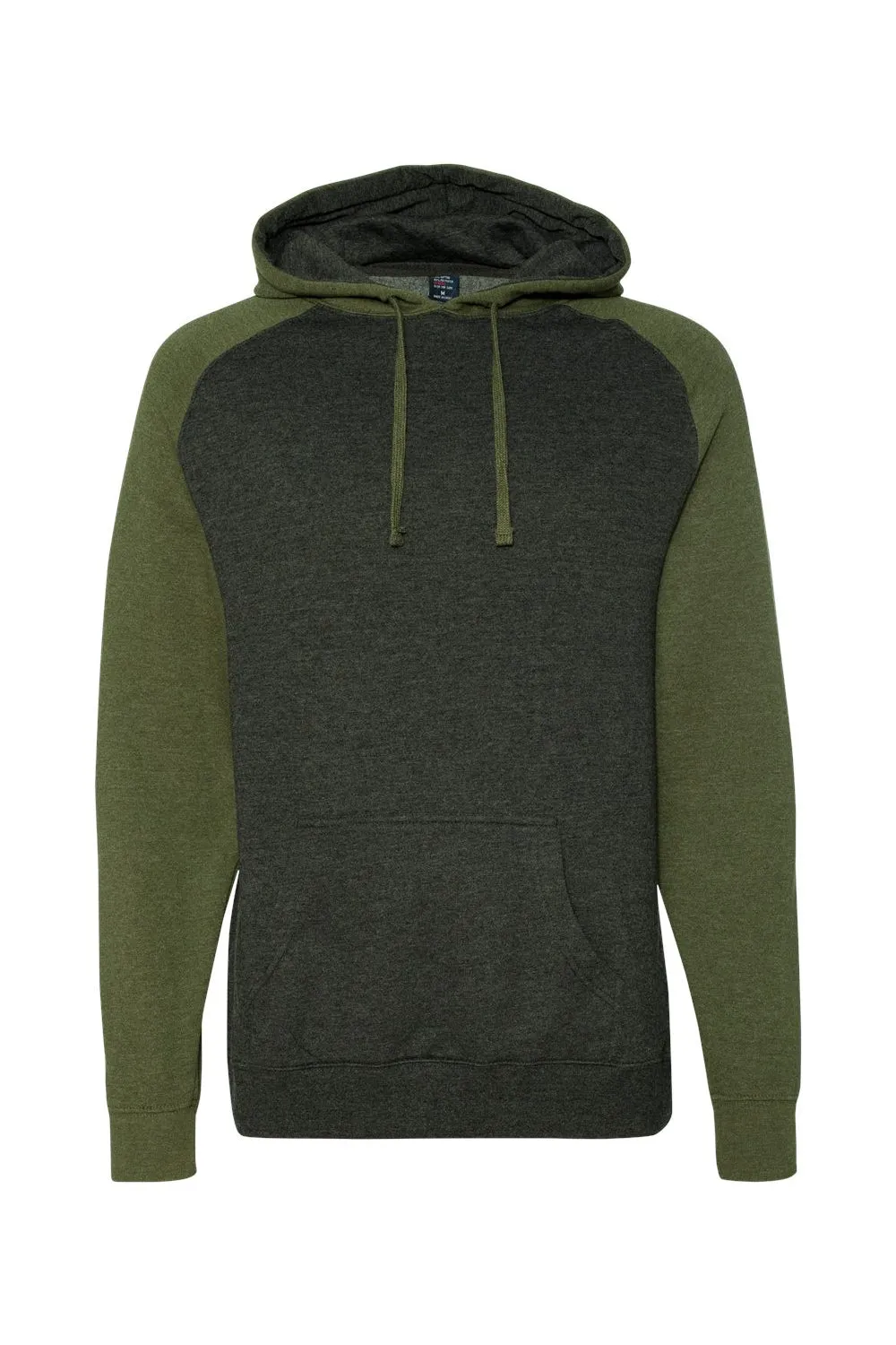 Independent Trading Company Mens Raglan Hooded Sweatshirt Hoodie w/ Pouch Pockets - Heather Charcoal Grey/Heather Army Green