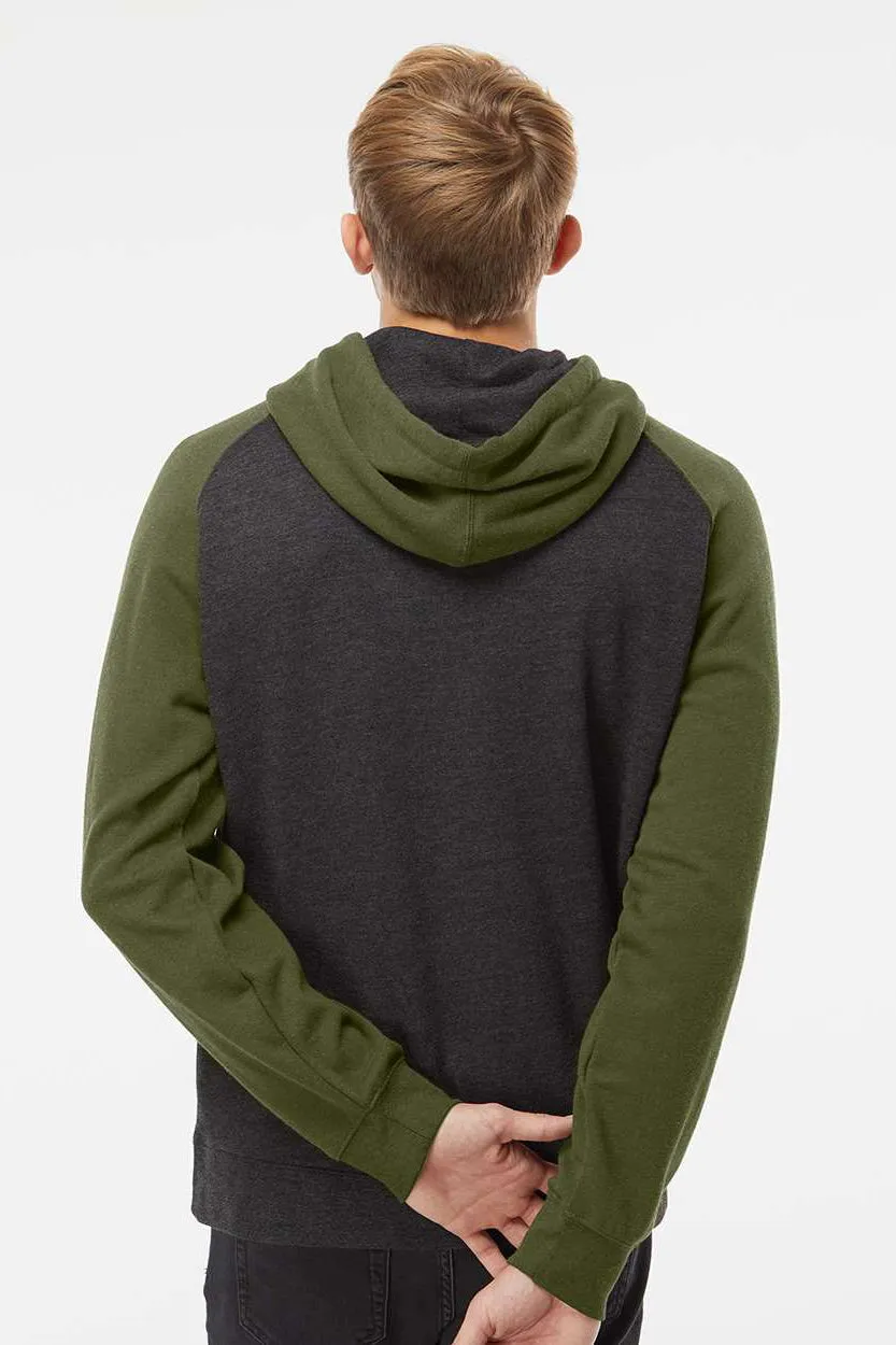 Independent Trading Company Mens Raglan Hooded Sweatshirt Hoodie w/ Pouch Pockets - Heather Charcoal Grey/Heather Army Green