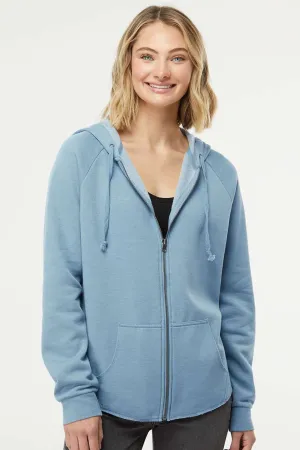 Independent Trading Company Womens California Wave Wash Full Zip Hooded Sweatshirt Hoodie w/ Pockets - Misty Blue