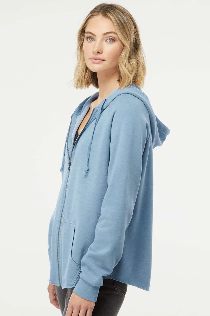 Independent Trading Company Womens California Wave Wash Full Zip Hooded Sweatshirt Hoodie w/ Pockets - Misty Blue