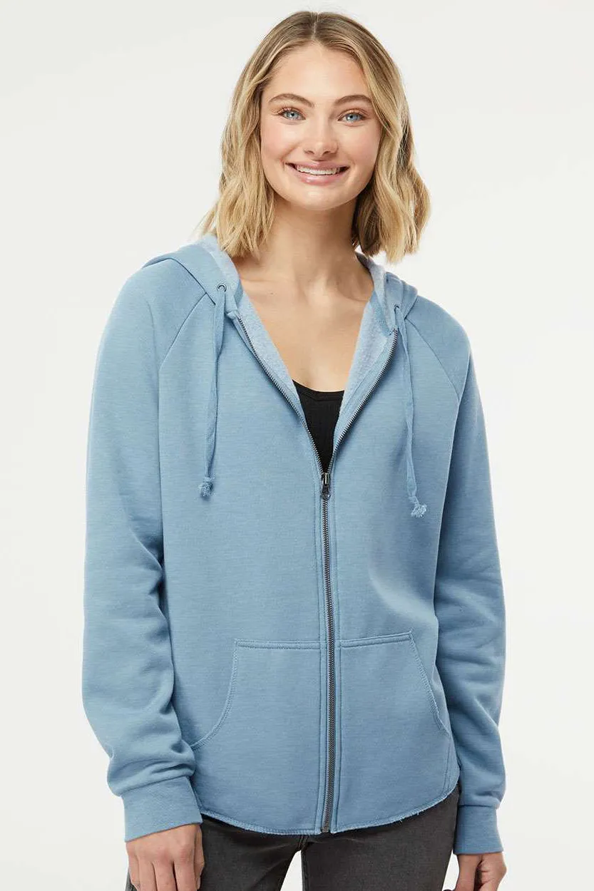 Independent Trading Company Womens California Wave Wash Full Zip Hooded Sweatshirt Hoodie w/ Pockets - Misty Blue