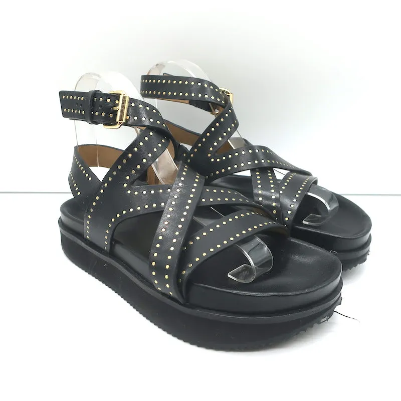 Isabel Marant Neryse Studded Flatform Sandals Black Leather Size 36